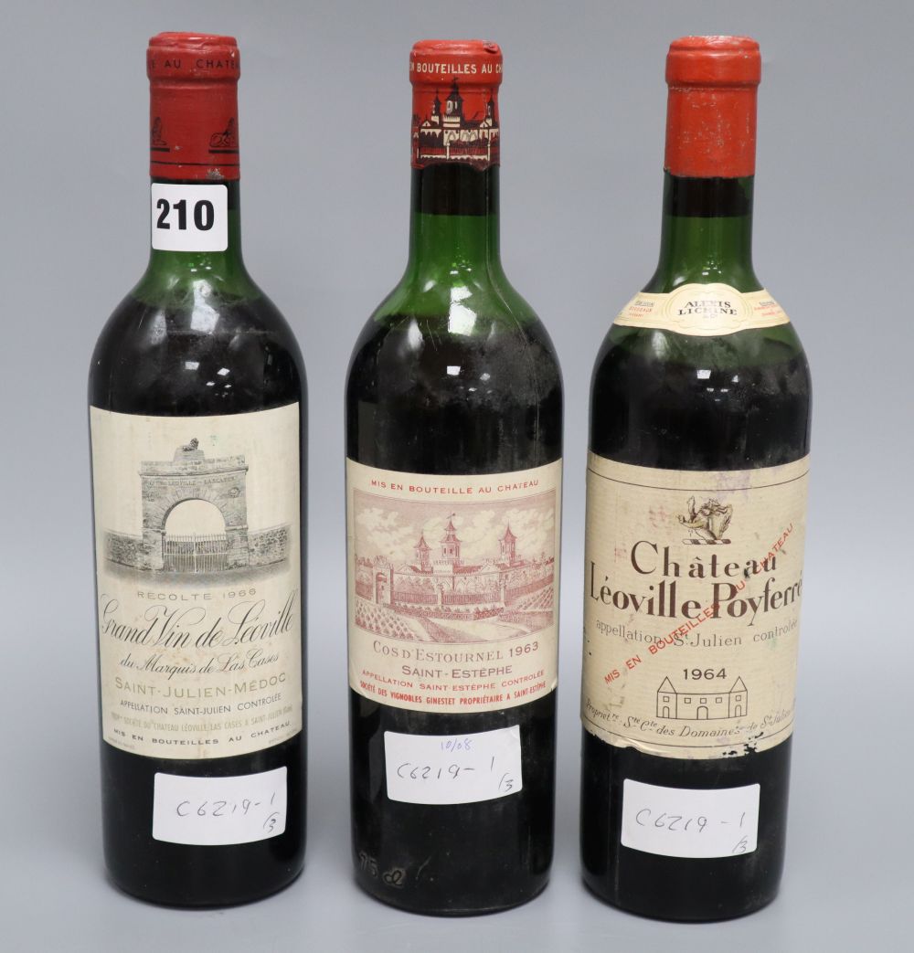 One bottle of Chateau Leoville-Las Cases, 1966, one bottle of Leoville Poyferre 1964 and a bottle of Cos DEstournel, 1963